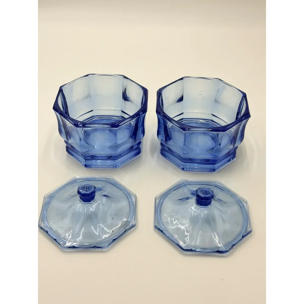 Vintage Indiana Glass Blue Glass Octagon Candy Dishes Set Lot of 2 Paneled Jars